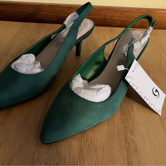 New Women’s heels, pumps, slingback shoes. Greatonu brand. Green faux suede. - Picture 9 of 11